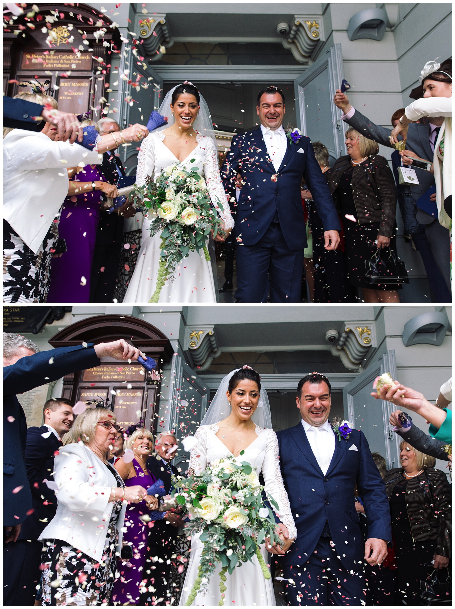 People throwing confetti at a newly married couple leaving the St Peter's Italian Church.