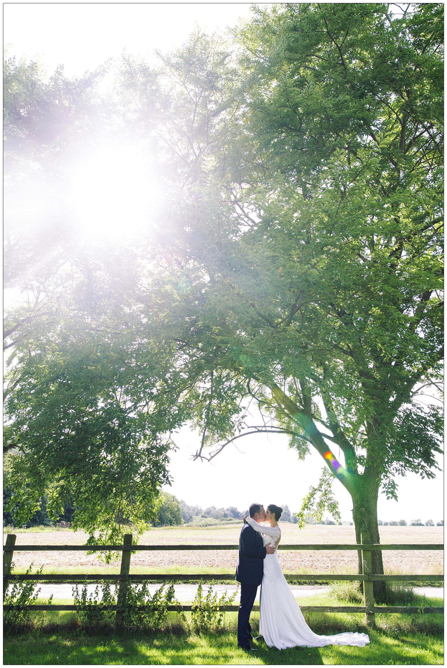 Under the canopy of a tree, through which the sun is flaring, a bride and groom kiss. They are in the grounds of Pledgdon Barn.