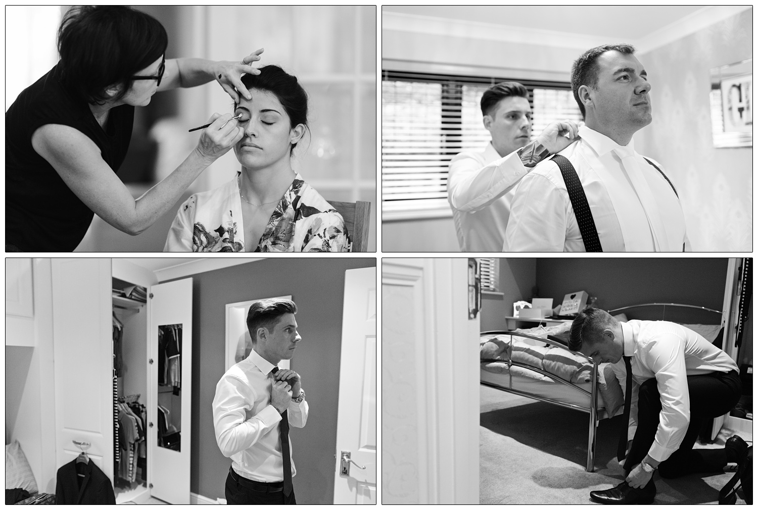 Groomsmen getting ready. The bride having her makeup applied.