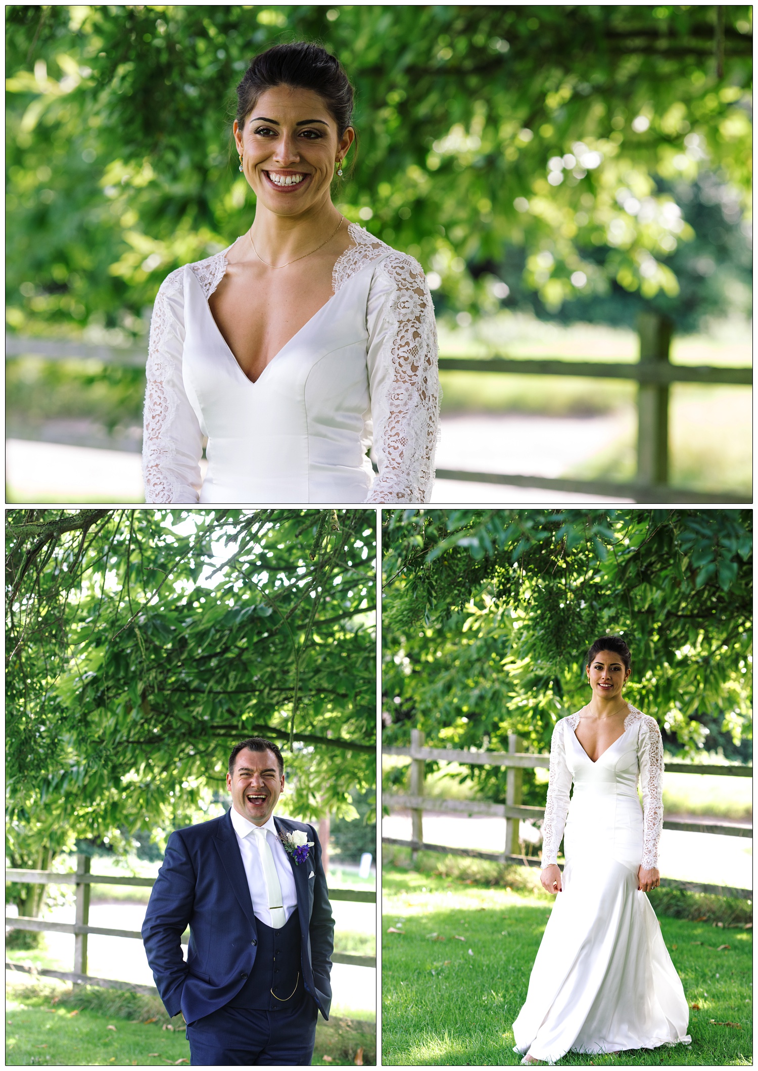 Wedding portraits of a man and woman on their wedding day. Outside under a green tree.