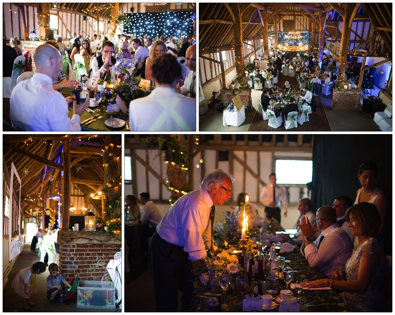 People sat at their tables in Pledgdon Barn for a wedding breakfast. Some children are playing with a dressing up box.