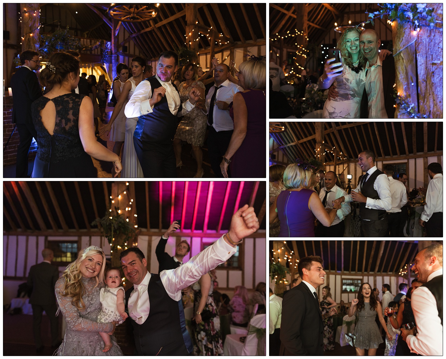 Guests at Pledgdon Barn dancing, taking selfies and posing.