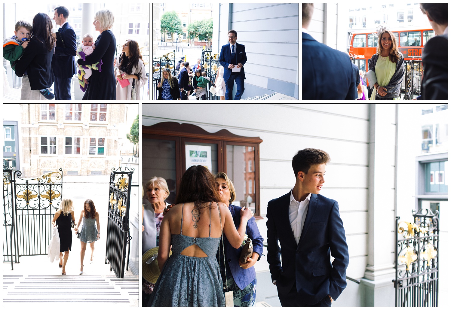 Guests arriving at St. Peter's Italian Church in Clerkenwell, they are walking up the steps.