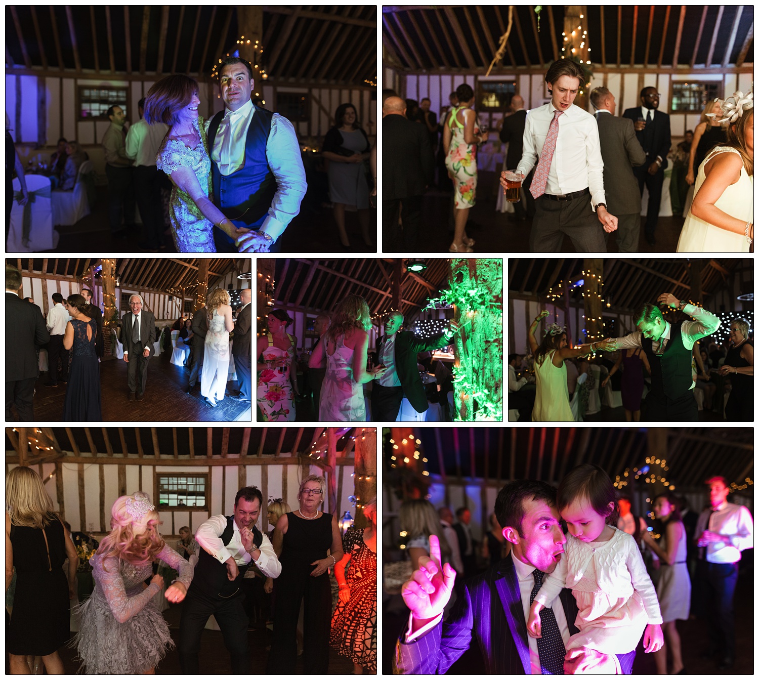 Wedding guests dancing under coloured lights at a reception near Stansted.