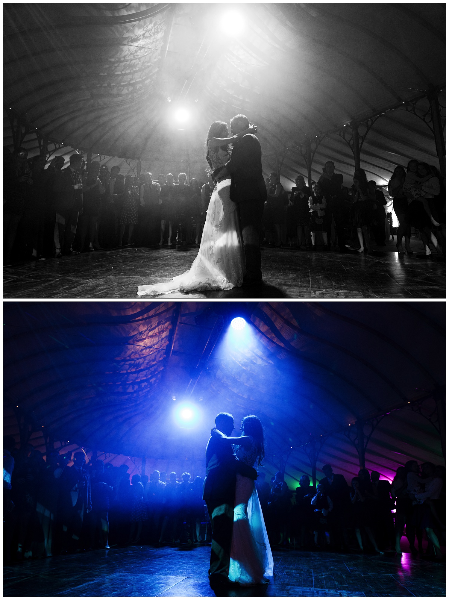 The first dance in an orangery event tent. The lights illuminating the bride and groom are blue. She is wearing a dress by Galia Lahav.