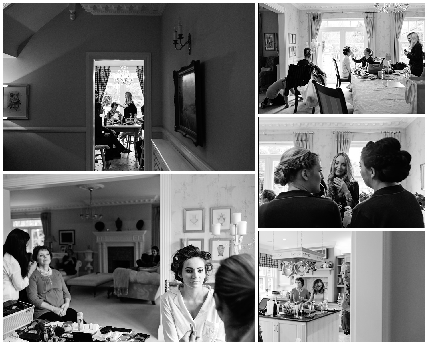 Reportage style wedding photography at home in Essex before a wedding in Purleigh. The bride has rollers in her hair, her dad is in the kitchen peeking through a door frame.