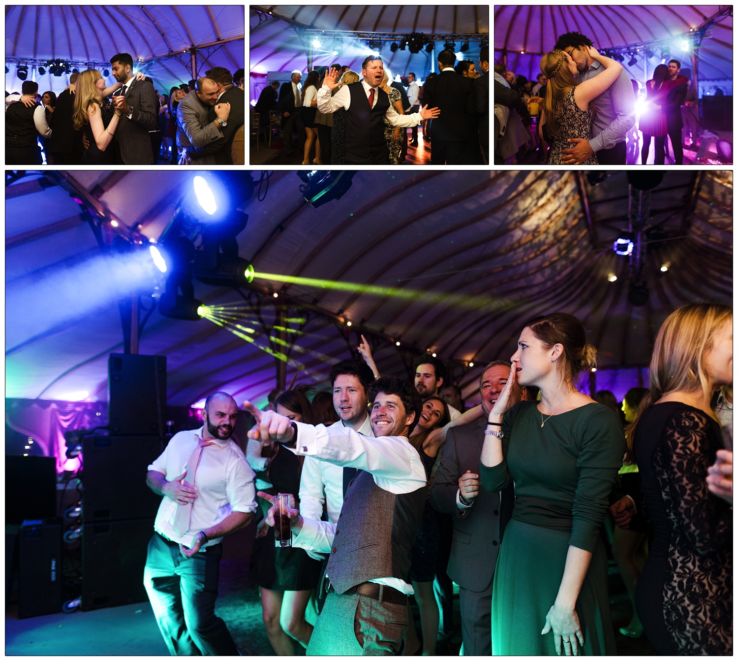 A woman in a green dress has her hand covering her mouth in shock. The man next to her is pointing. They are on the dance floor surrounded by people.