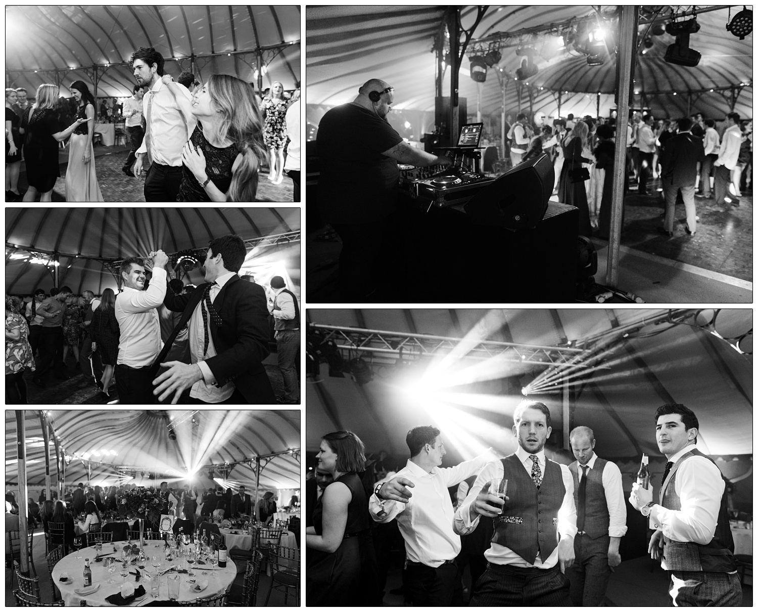 Mat Format DJ. Man on the dance floor looking at the camera with lights behind him. A table full of empty wine glasses.