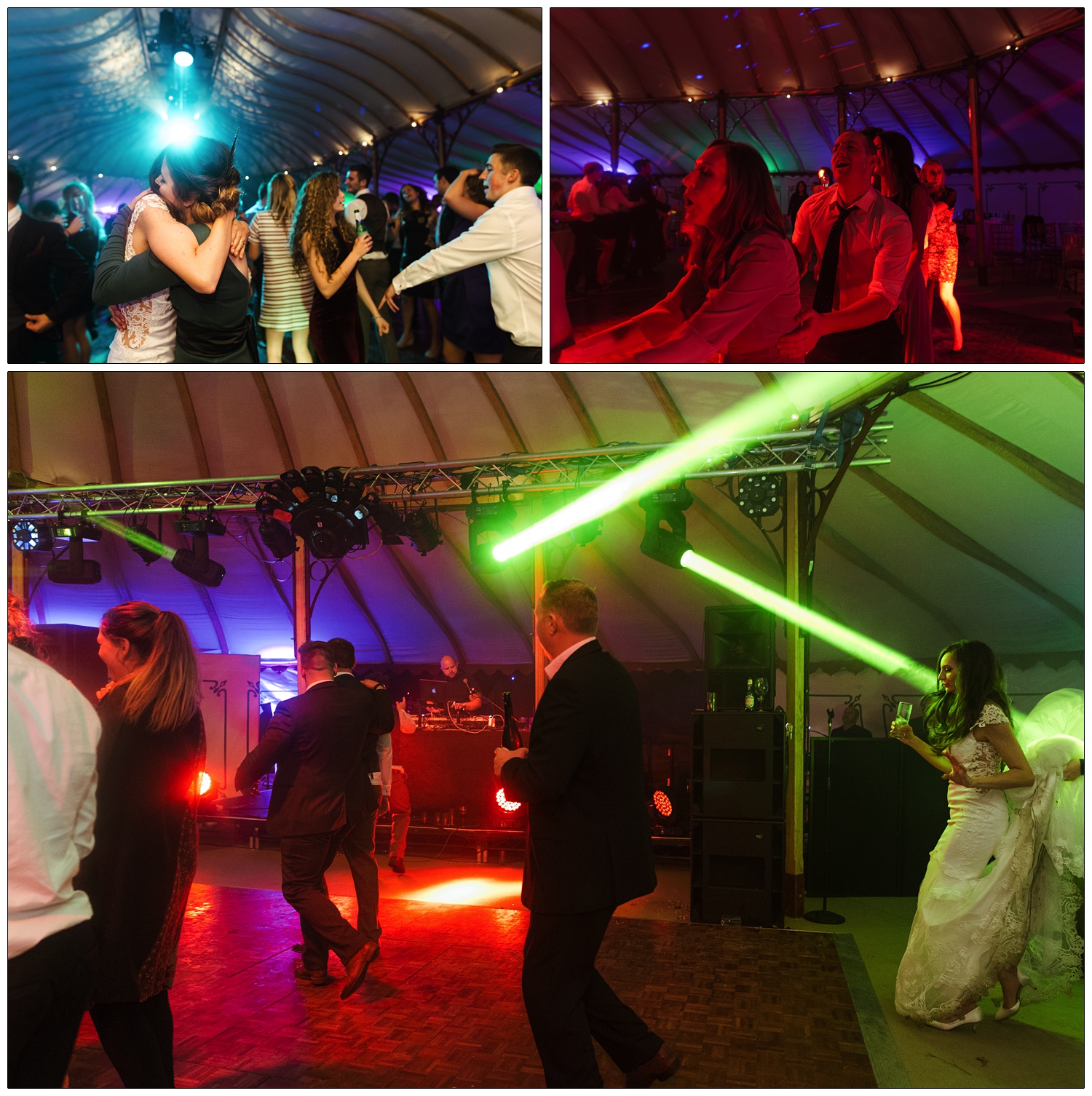 A conga of people on the dance floor, the lighting is red.