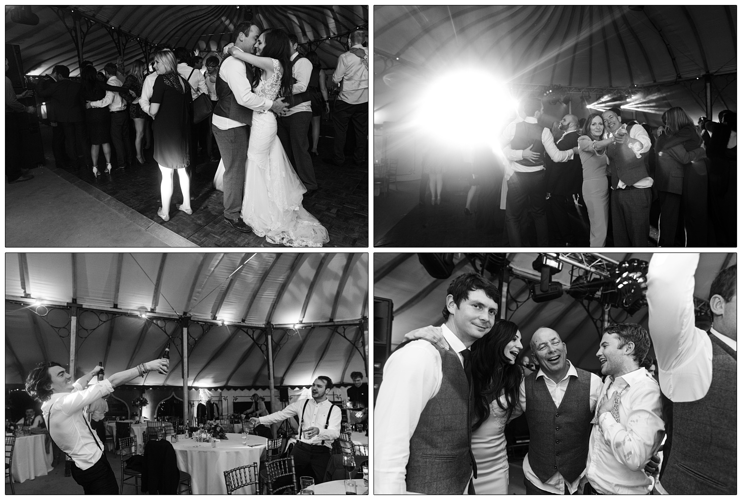 Black and white candid style photography of people late at night at a wedding in winter. They are dancing.
