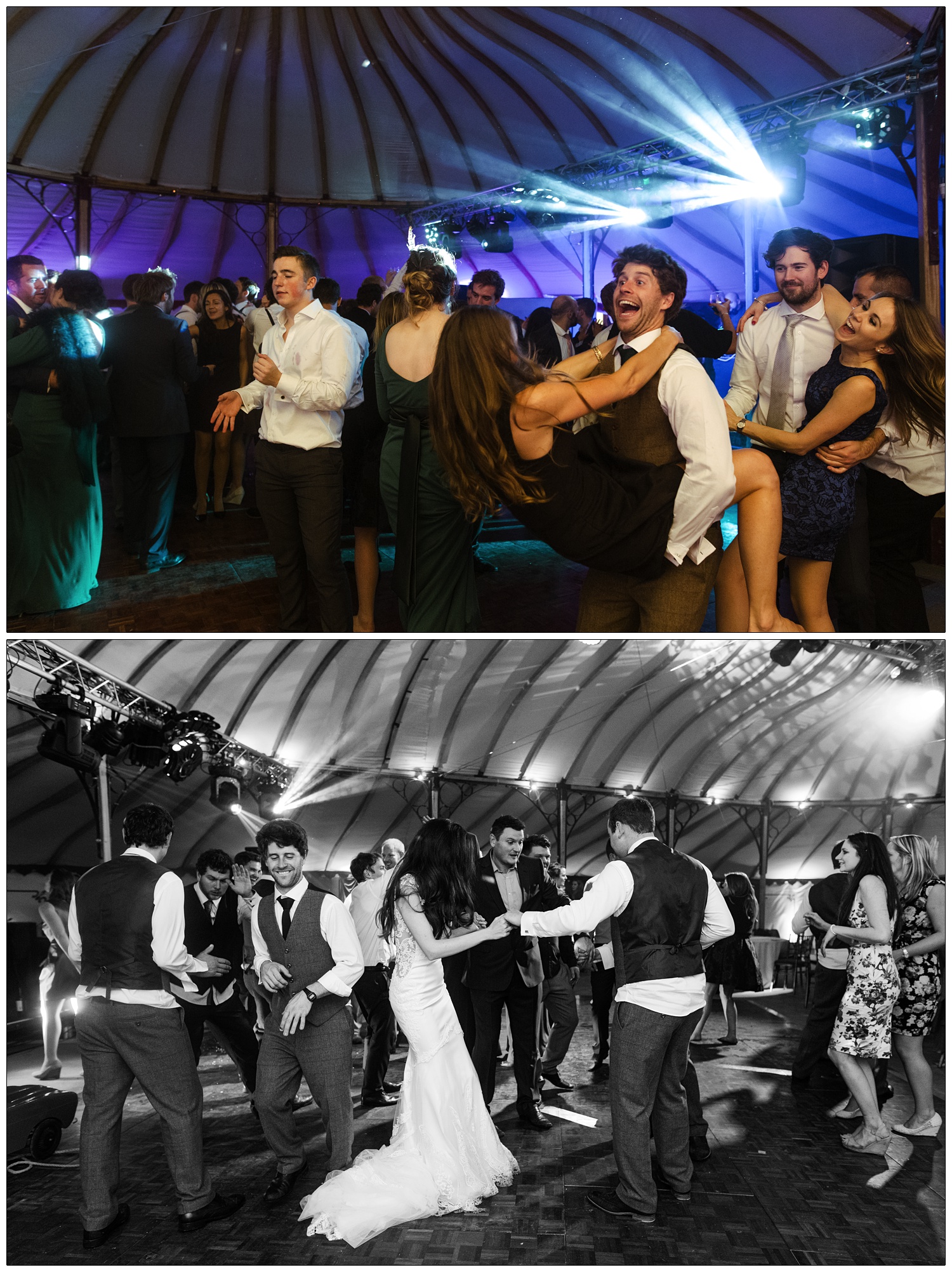 A busy dance floor in a wedding marquee.