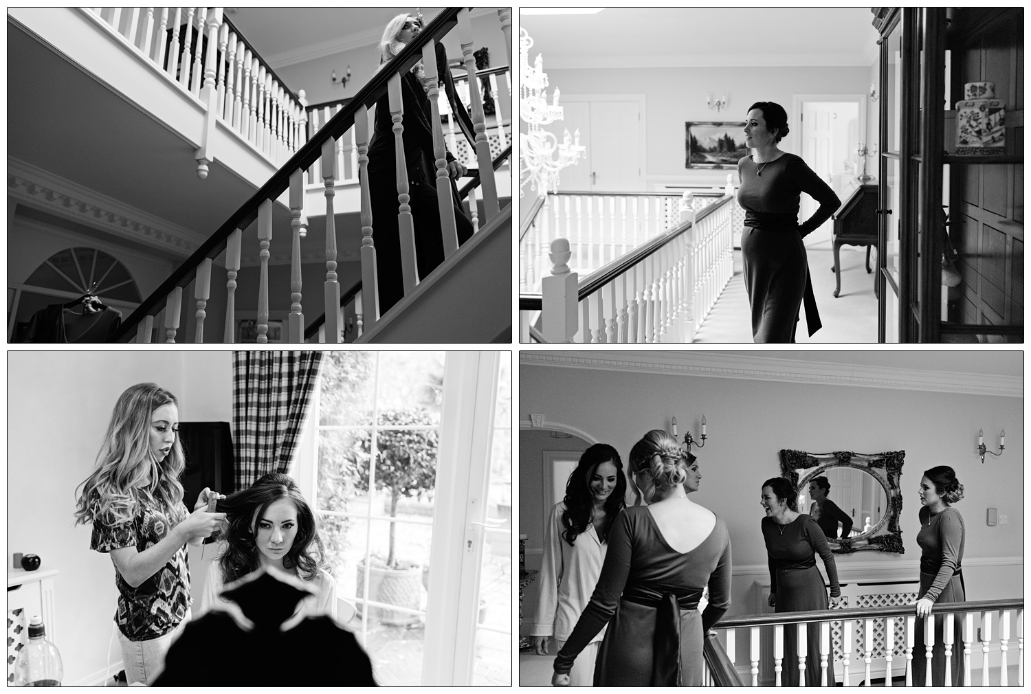 A bridesmaid walks around upstairs near some bannisters.