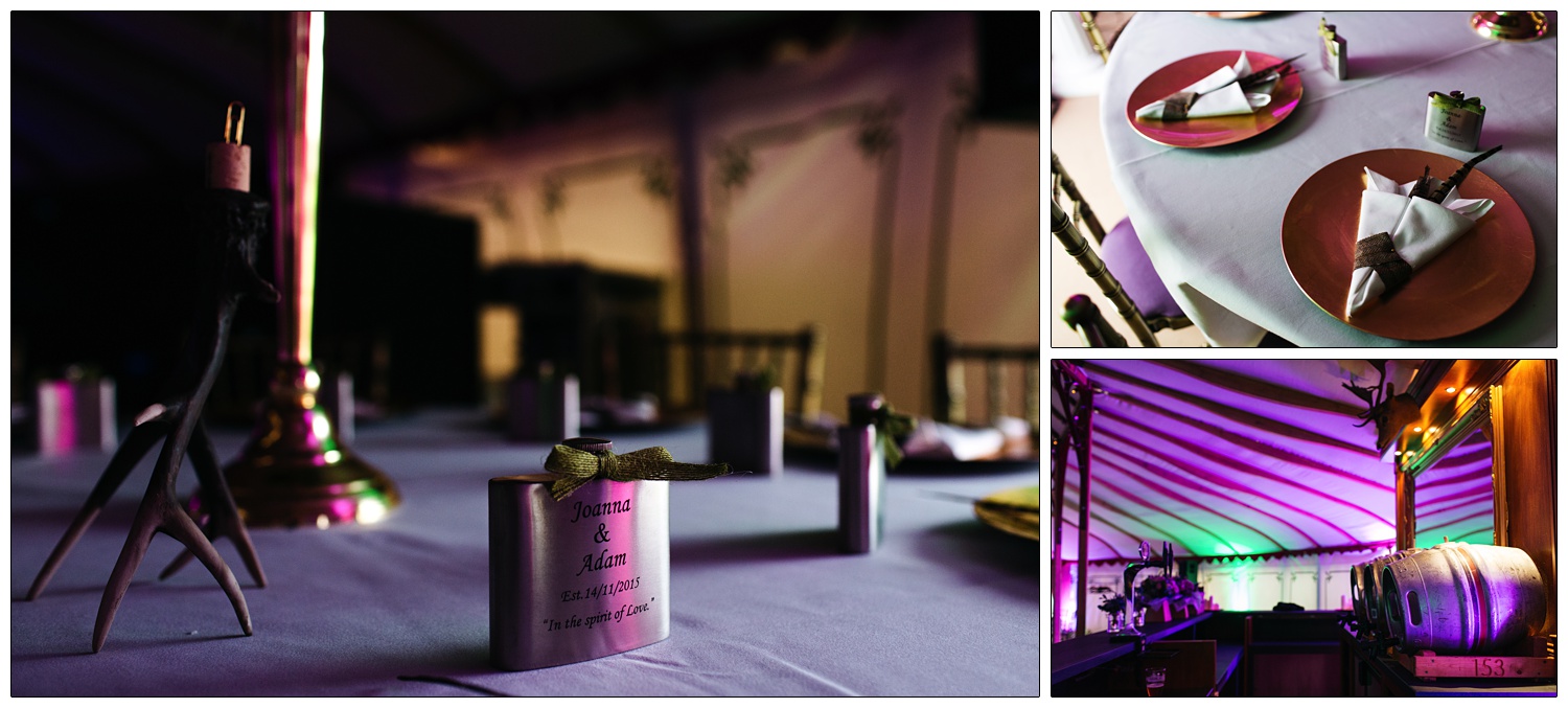 A hip flask wedding favour on a table.