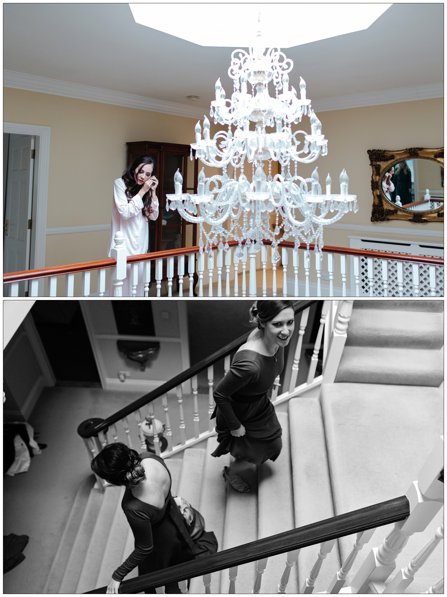 Two bridesmaids pass on the stairs.