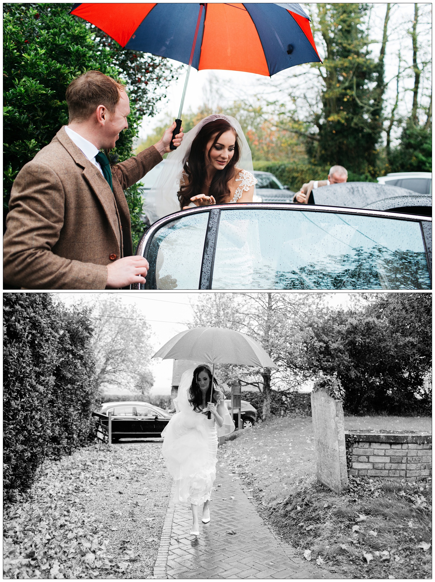 A bride in a white wedding dress and holding an umbrella. It's a windy and wet November day. She's walking up the path to the All Saints Church in Purleigh for her wedding ceremony.