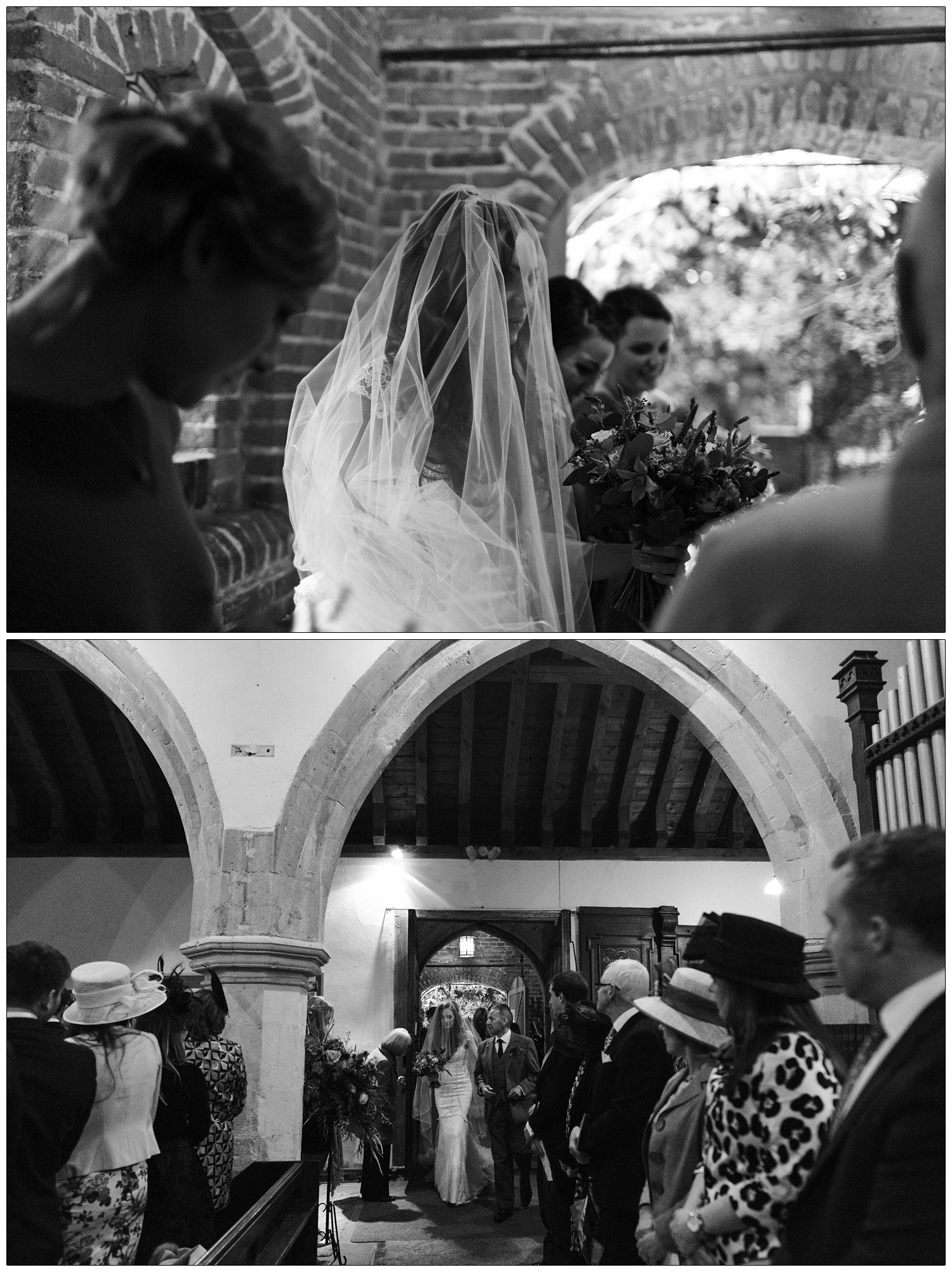 A woman in a wedding dress, face covered by a veil, takes a moment before entering the All Saints Church in Purleigh.