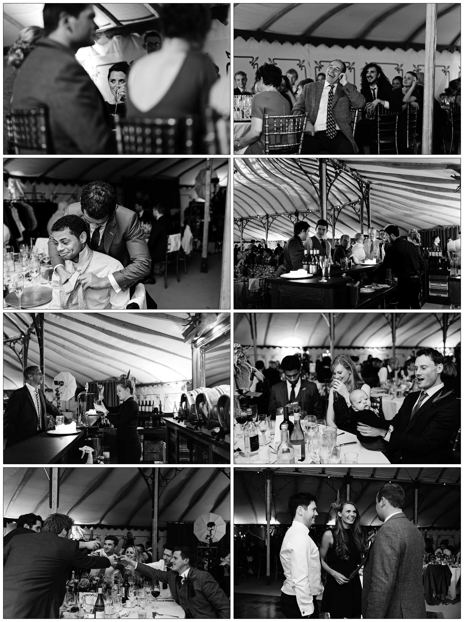 Reportage style photography from a wedding reception near Chelmsford. A man helps another man with his tie, a man holds a baby on the table, a group of people sat around a table do shots.