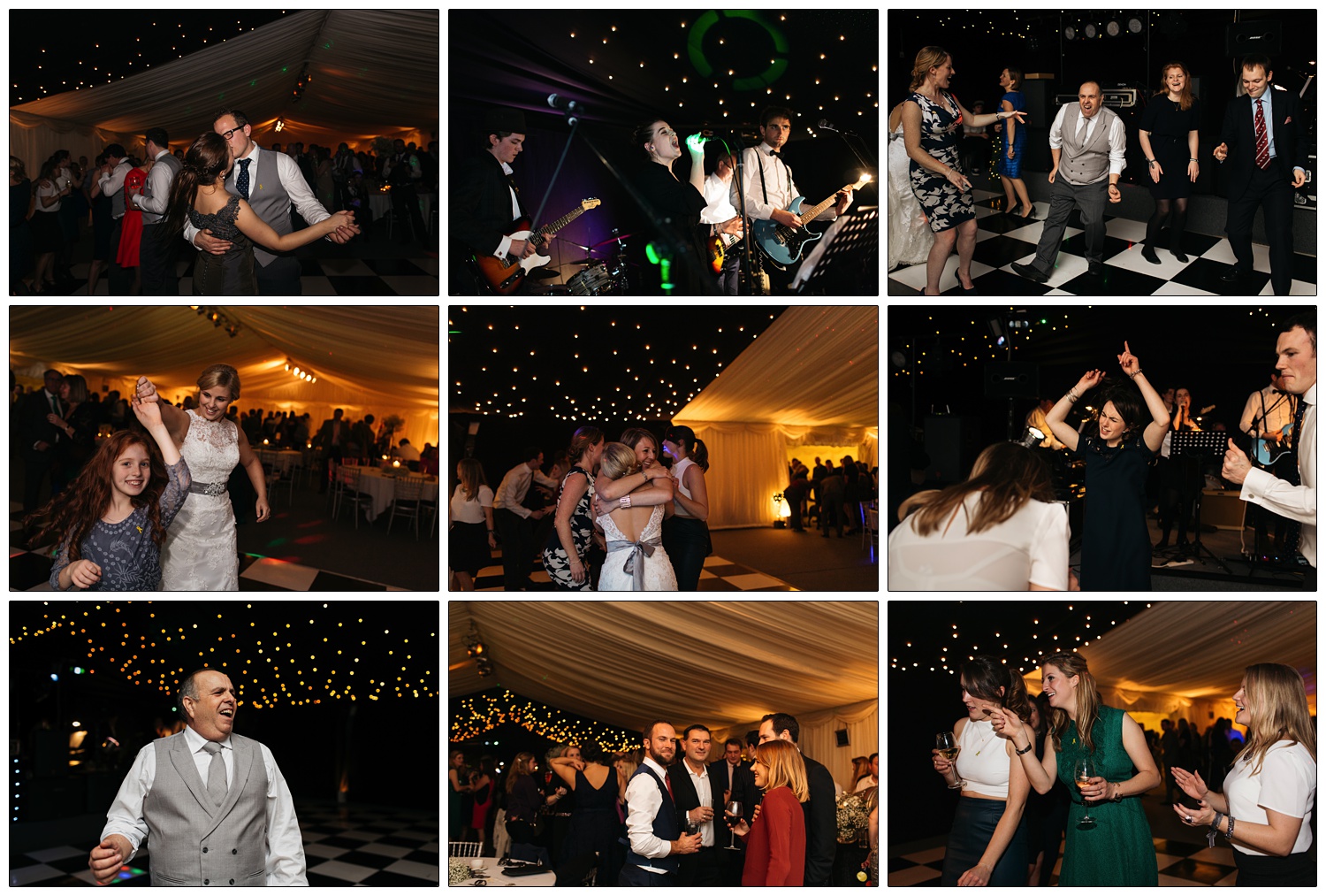 A selection of natural photographs of people dancing at a wedding reception. The floor is black and white chequered and the ceiling is black.