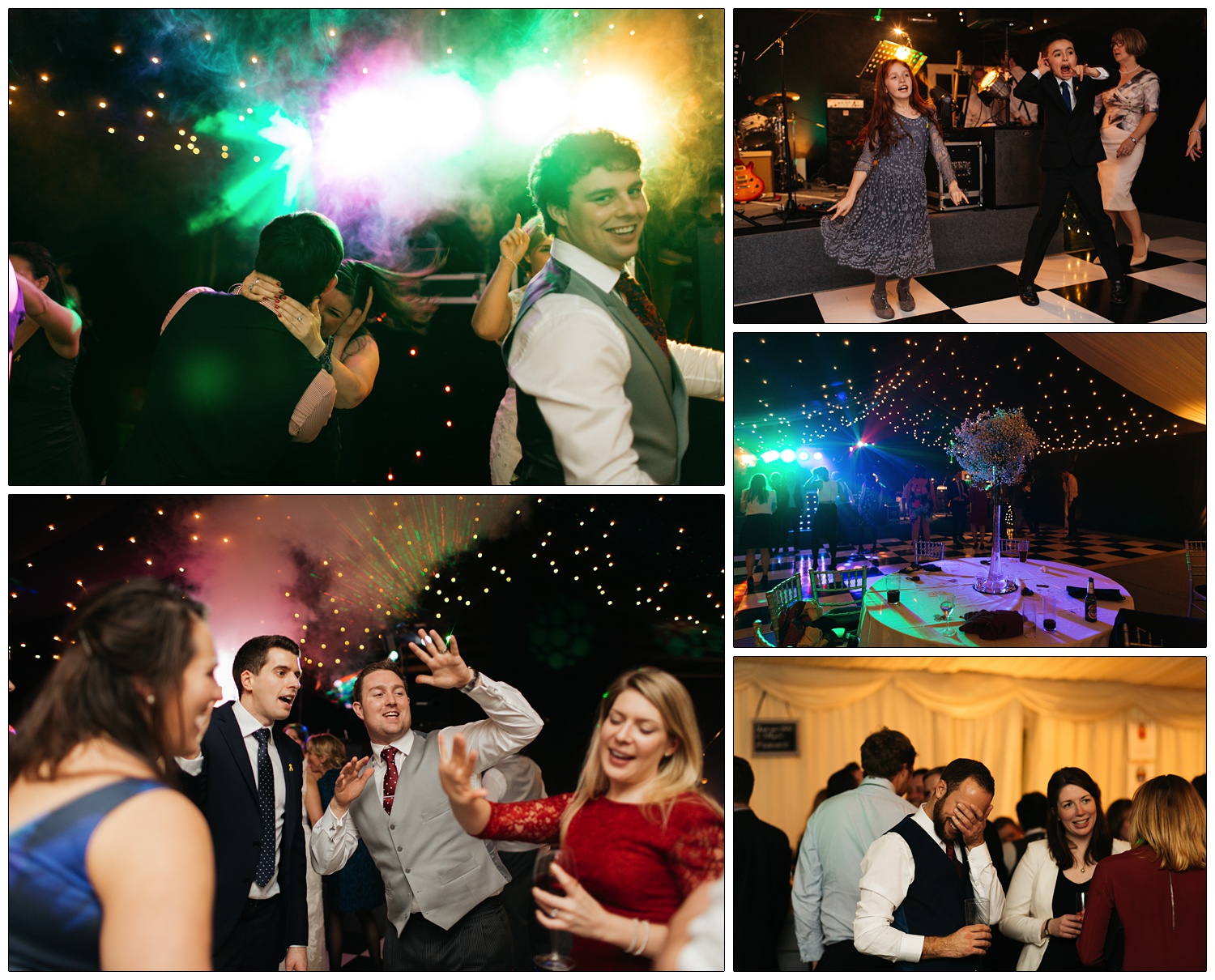 Colourful lights at a wedding reception. The ceiling is black with tiny white lights. There are people dancing.