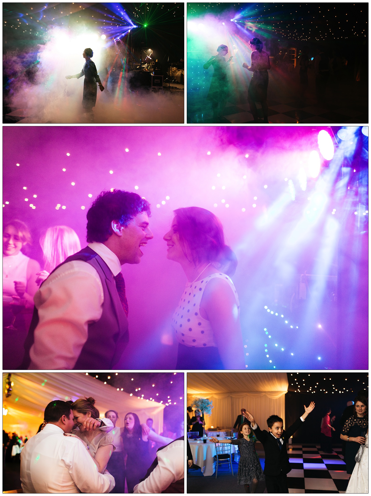 A smoke machine and coloured lights at a wedding reception. A man is singing at a woman.