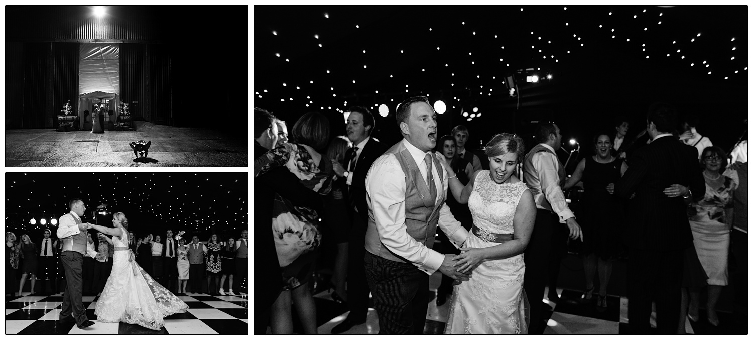 First dance in a wedding barn. The floor is black and white.