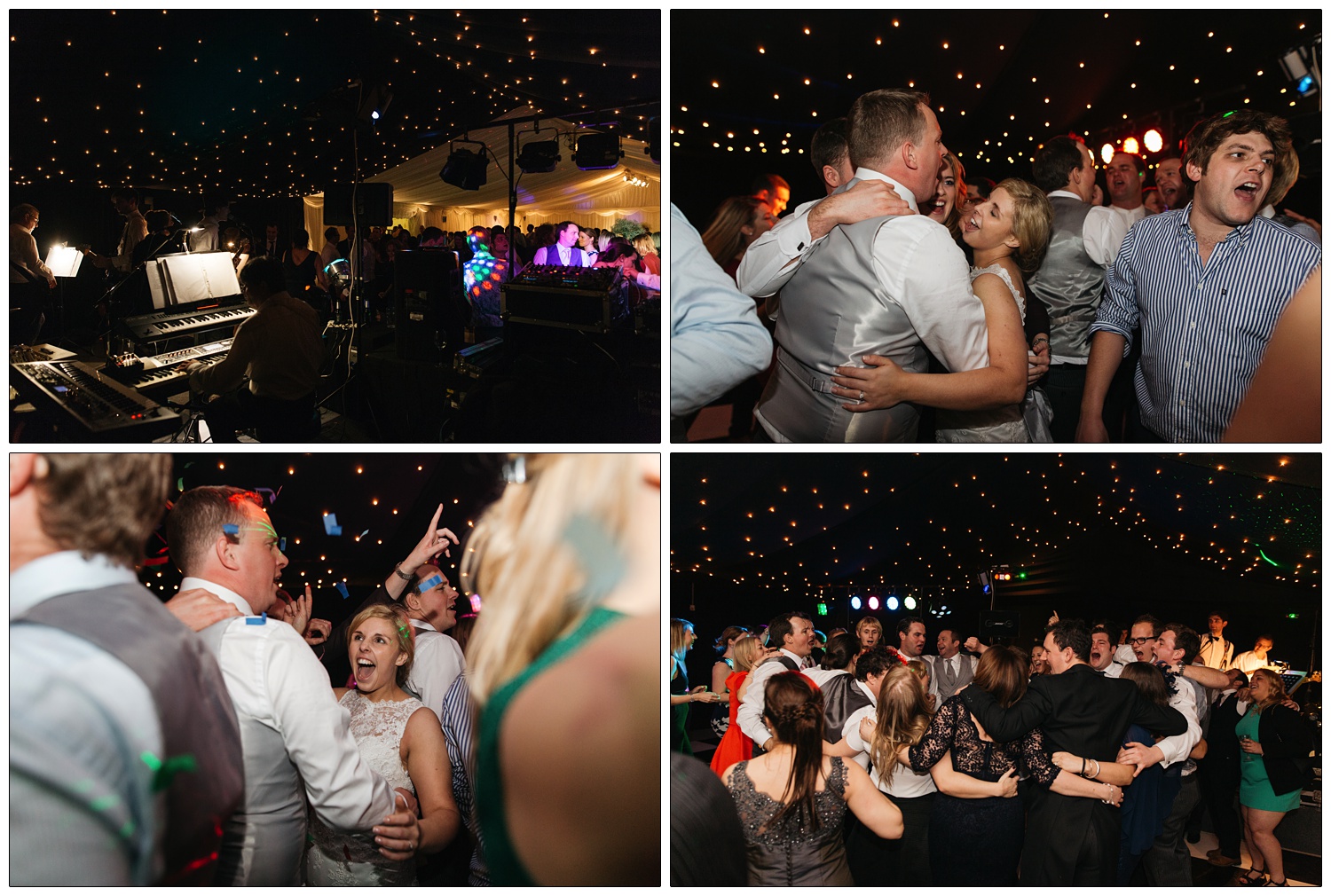 packed dance floor at a wedding. Everyone has their arms around each other in a circle as they sing.