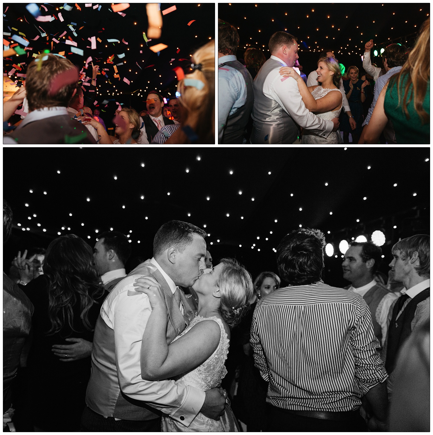 People dancing at a wedding reception. Confetti falling down, a black ceiling with small white lights.
