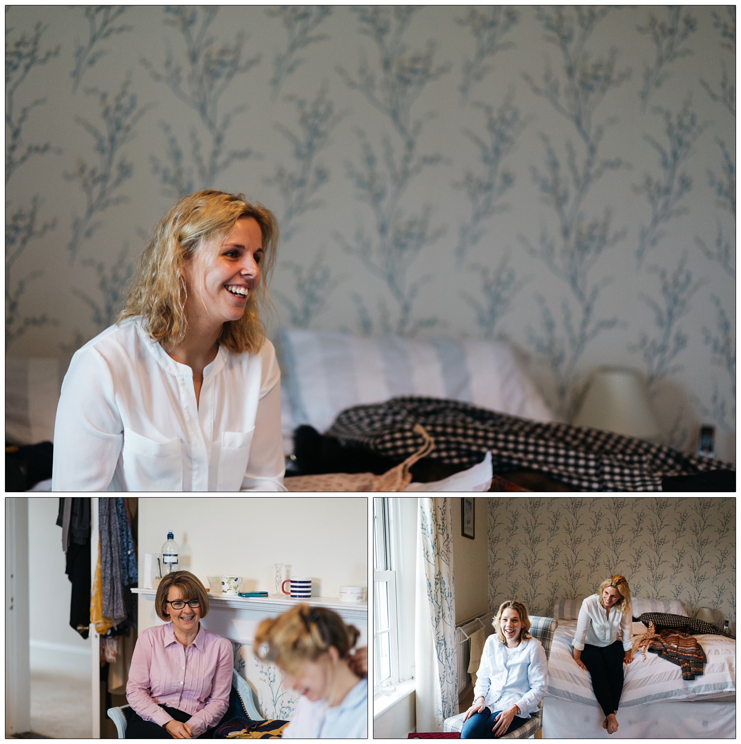 Bride, friend and mum hanging out in a bedroom.