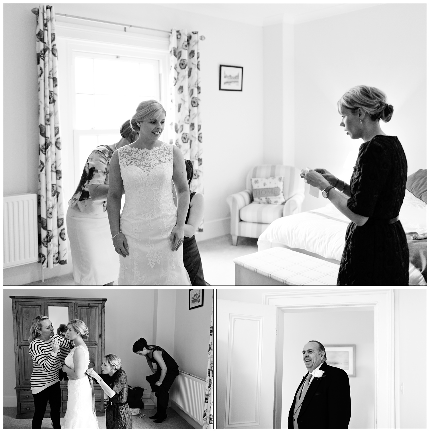 Moments from the bride dressing in a bedroom.