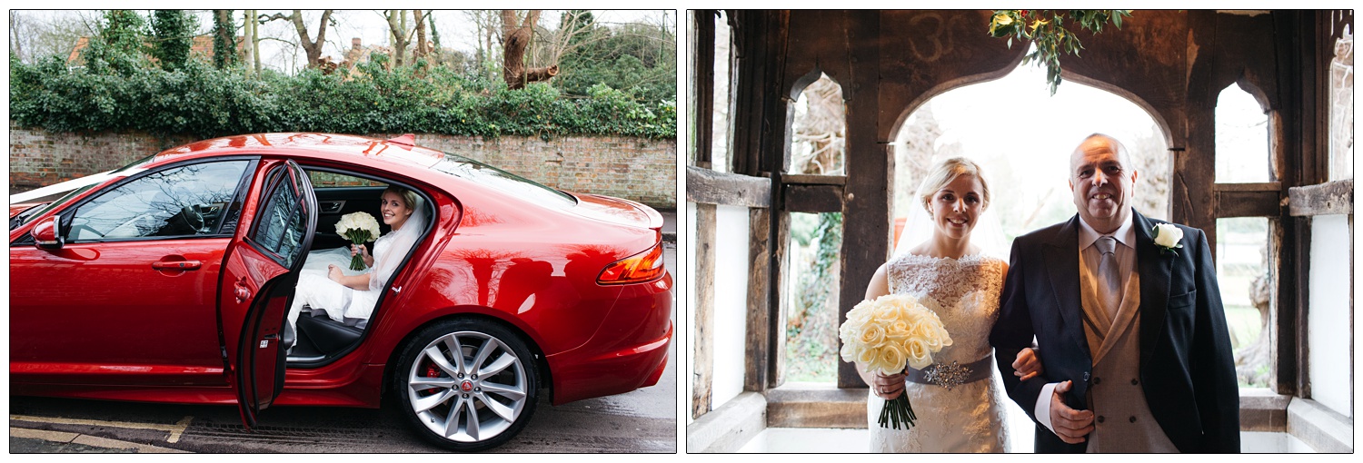 Bride and her father stood in the entrance of St Thomas' Church in Bradwell-on-Sea