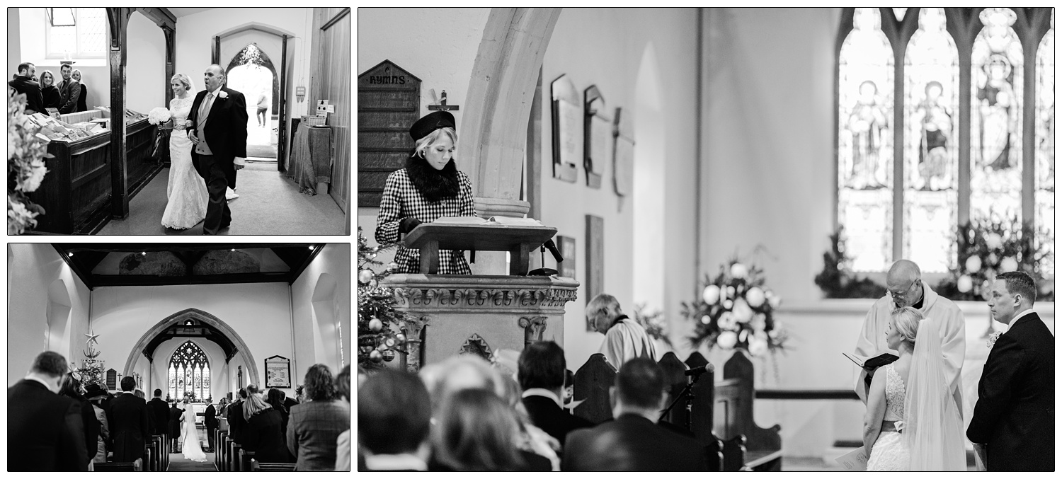 A woman in a black hat and scarf, gives a reading during a wedding.