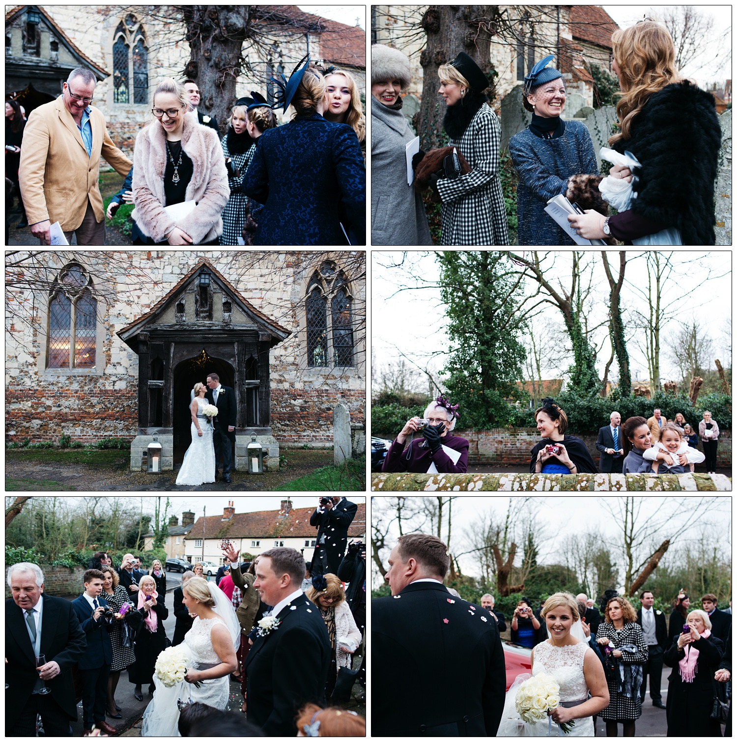 Outside St Thomas' Church Bradwell-on-Sea on a cold January day wedding guests greet each other after a wedding.