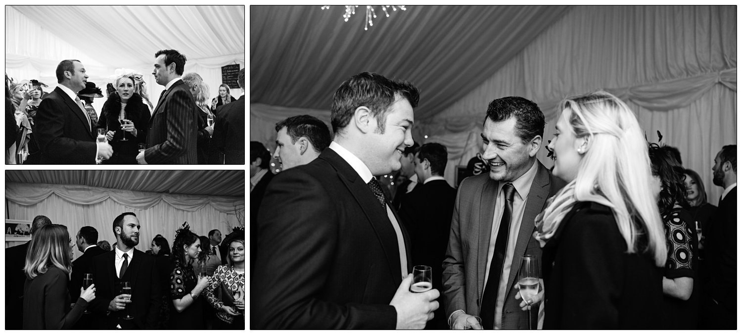 Candid photographs of wedding guests talking to each other, having drinks before dinner.