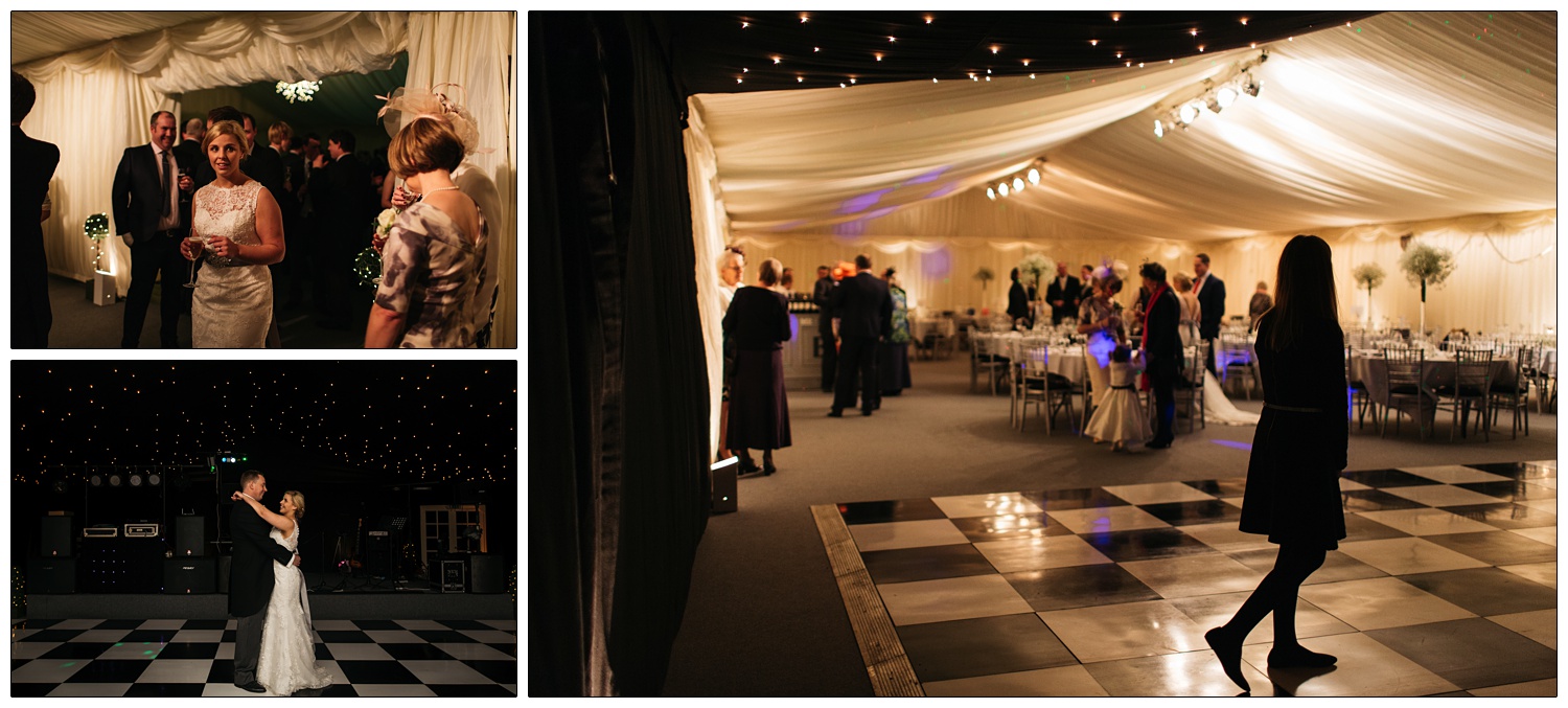 Silhouette of a girl standing on a floor of black and white squares. She's looking at the tables and guests at a wedding.