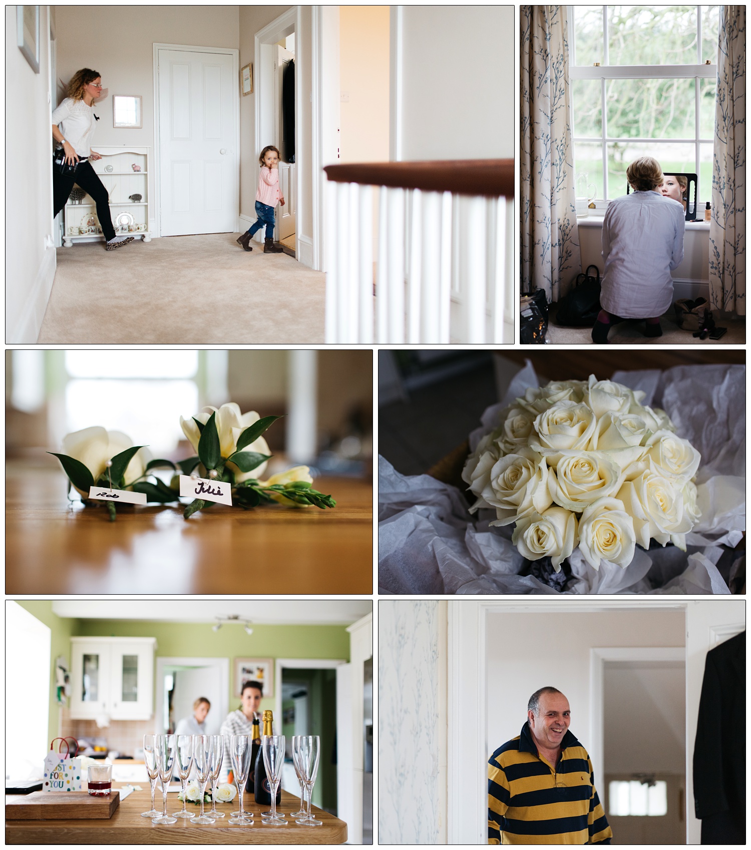 Moments from bridal preparation. Prosecco and glasses in a kitchen.