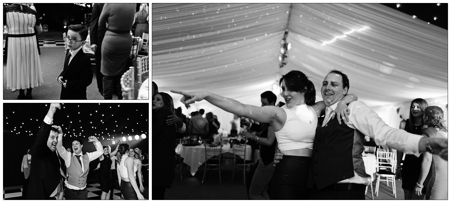 Black and white photographs capturing people dancing at a wedding.