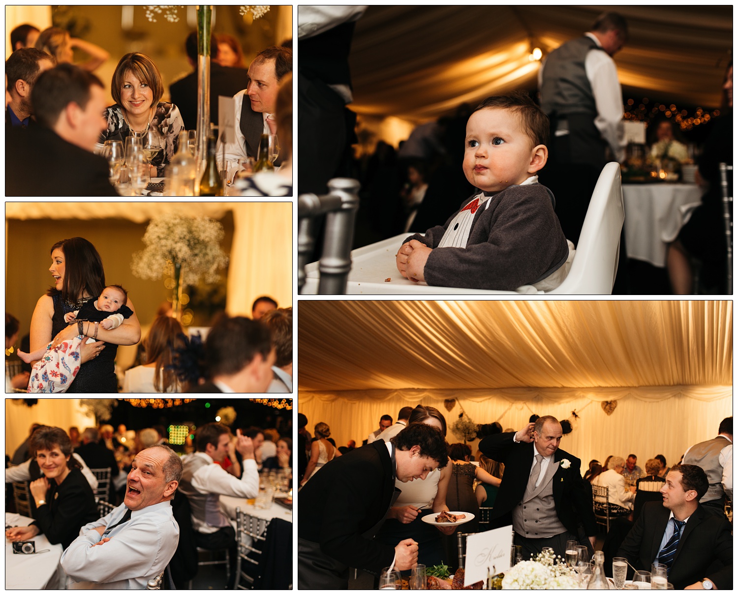 A baby is sat in a white high chair at a wedding reception. People are carving up meat at the wedding breakfast.