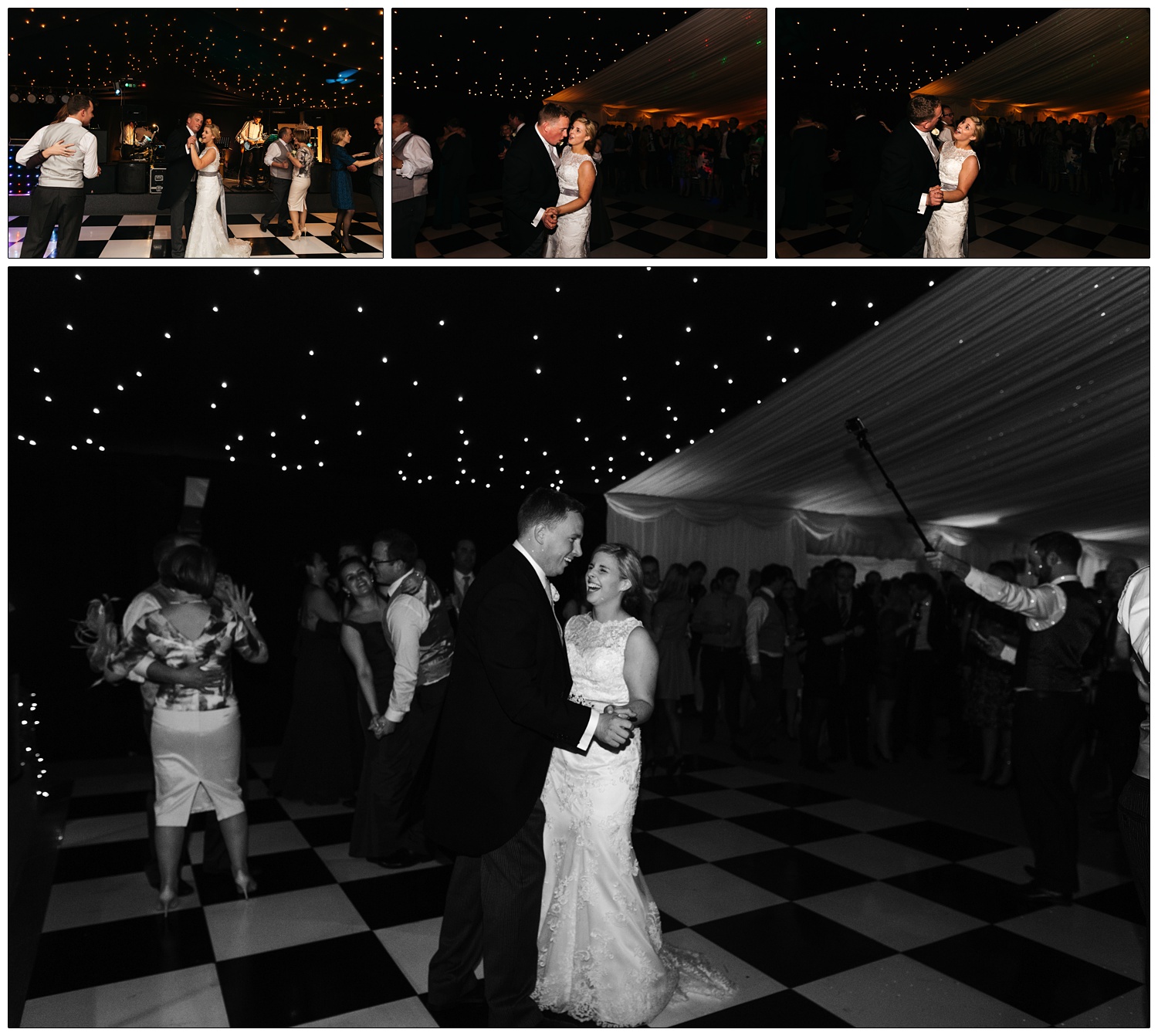 First dance between bride and groom on a black and white chequered floor. The ceiling is black with tiny lights.