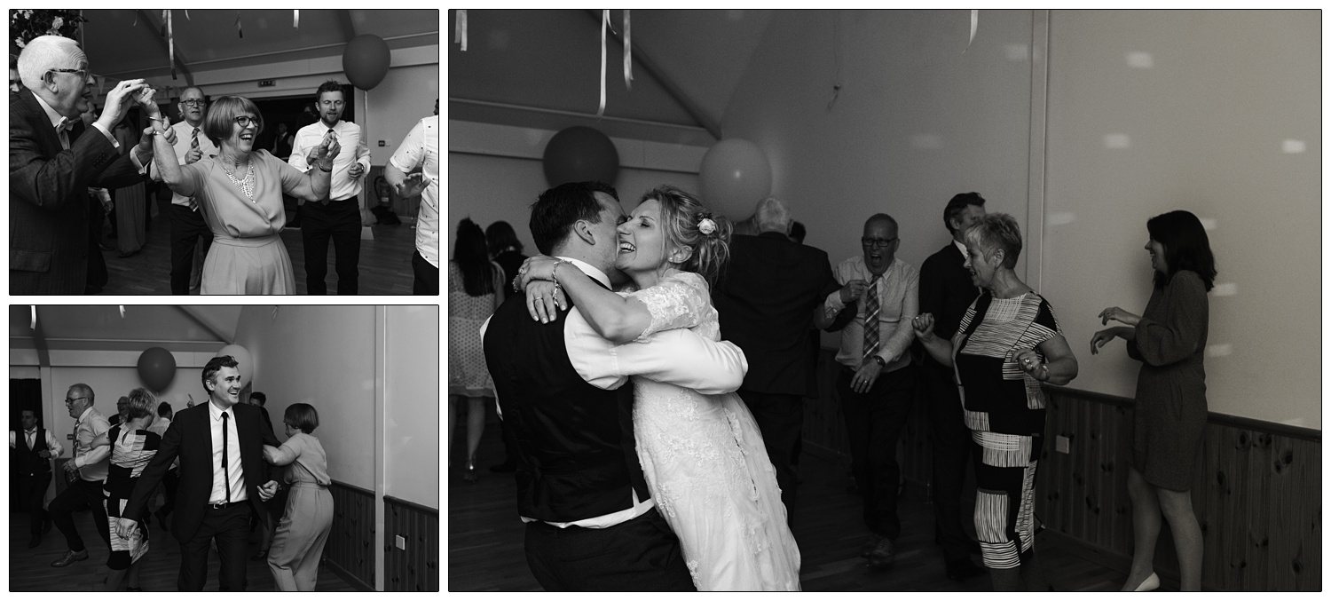 black and white photos of dancing at a village hall wedding