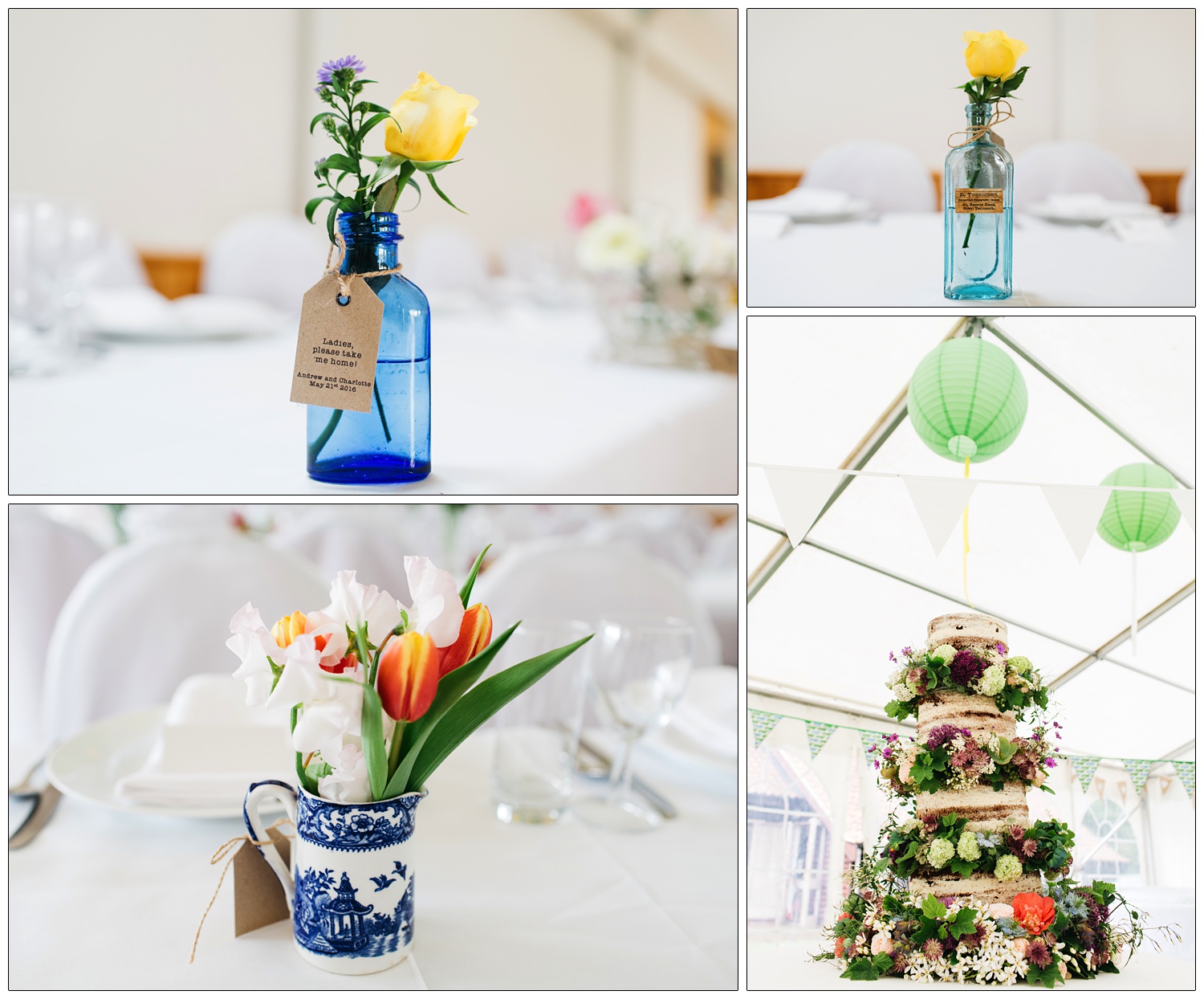 glass bottles and flowers and cake on wedding tables