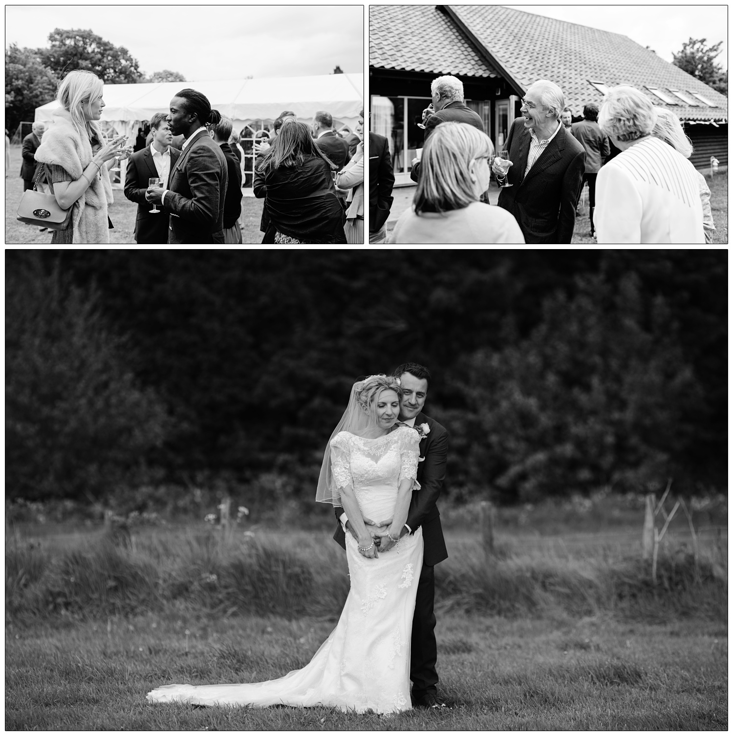 black and white photograph of bride and groom in a field