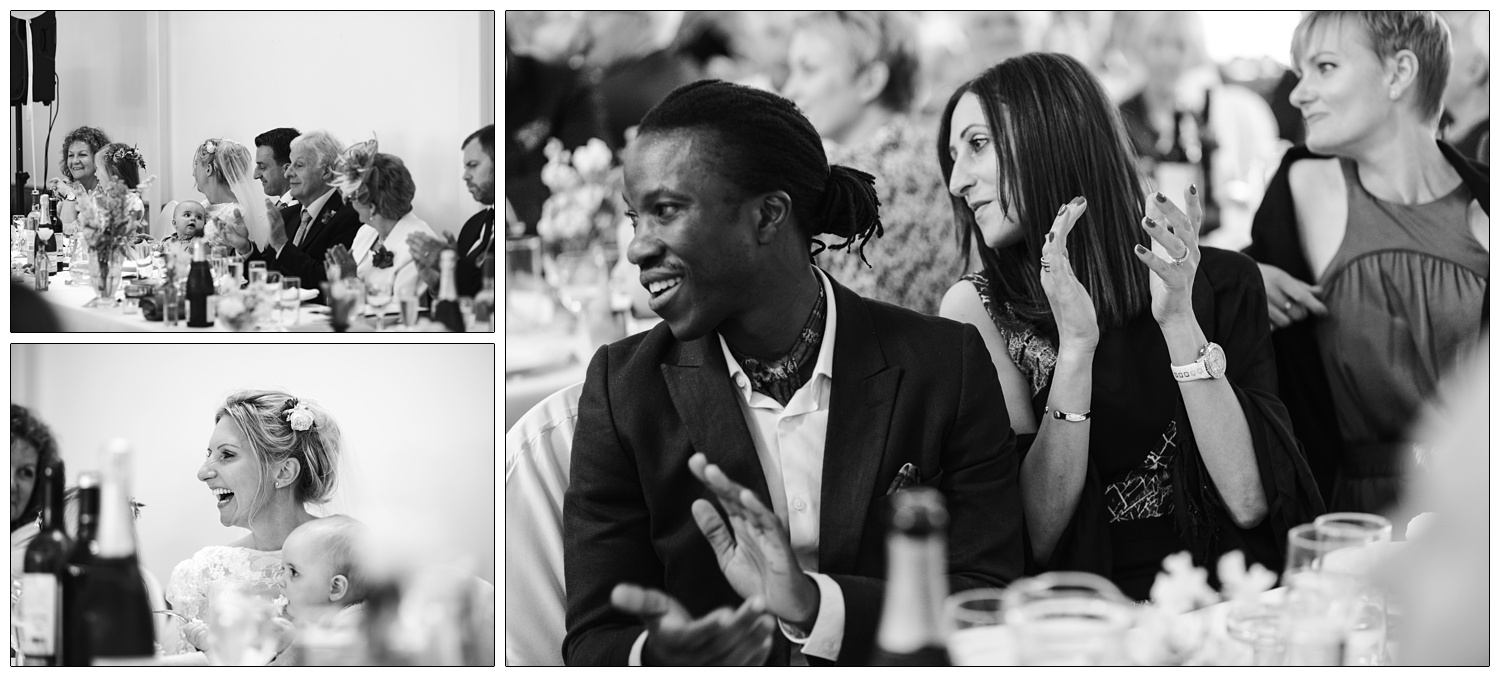 black and white photographs of wedding guests clapping