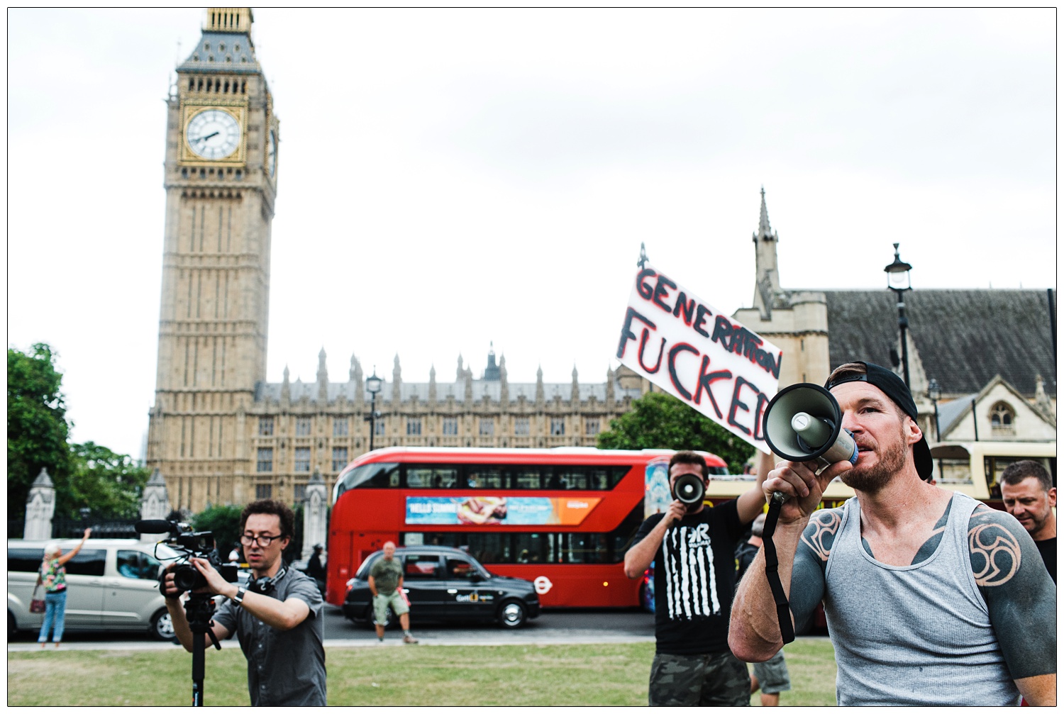 Tim Commerford outside on Generation Fucked music video shoot The Houses of Parliament and Elizabeth Tower Big Ben