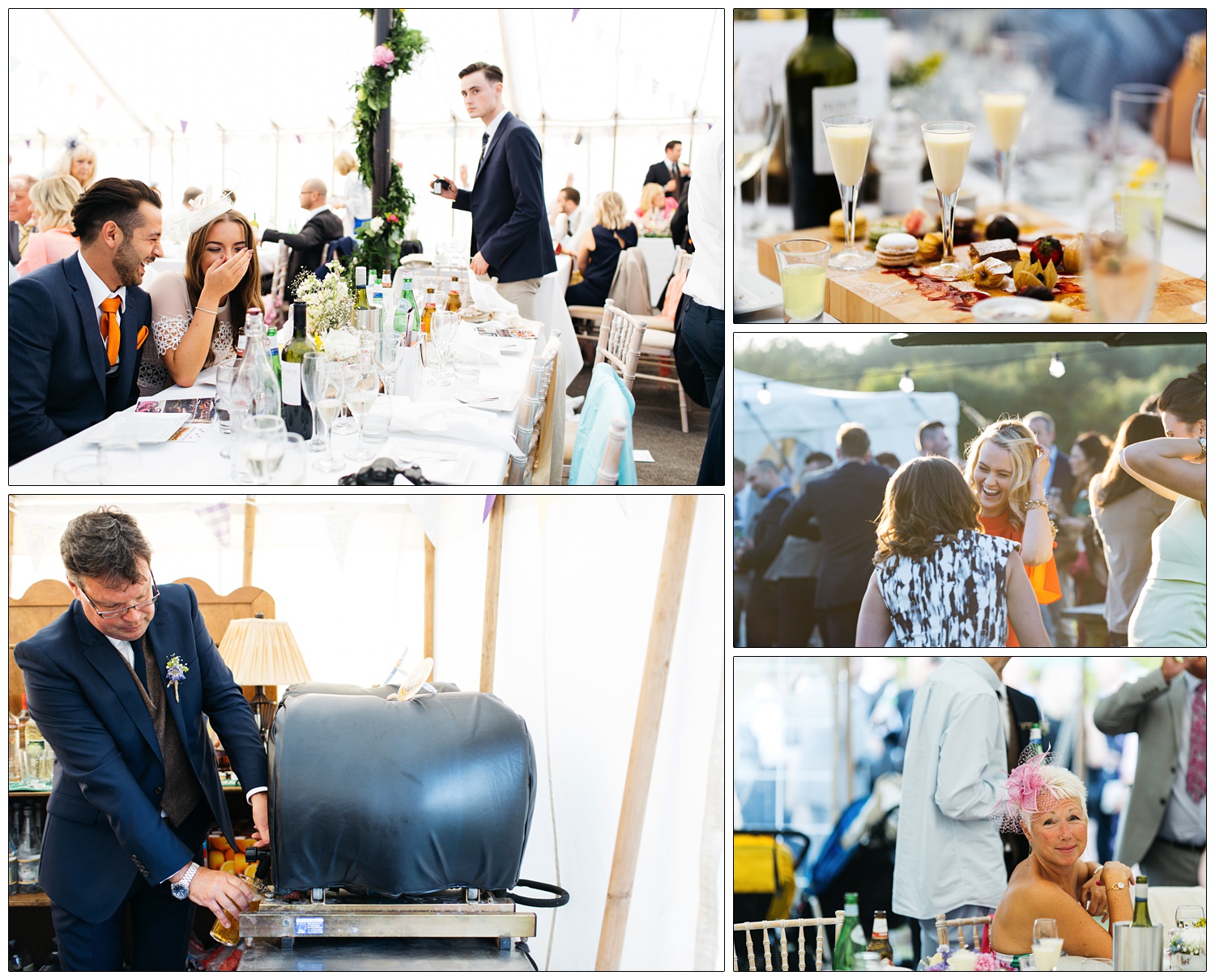 father of the bride pouring a pint, woman laughing sat at the table with a man