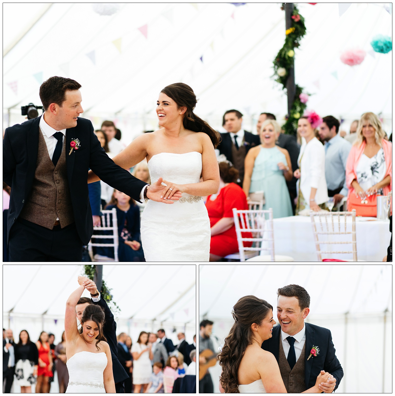 first dance between bride and groom in a marquee