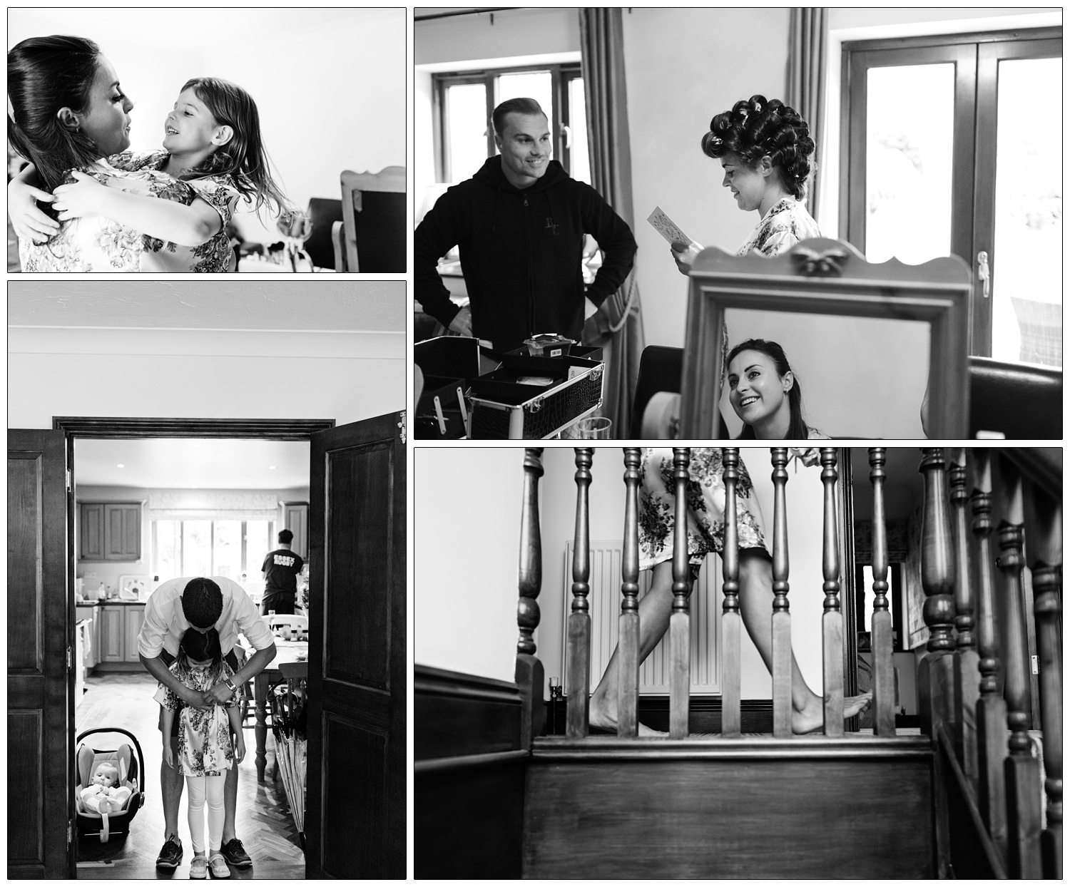 candid photographs in black and white of wedding preparations