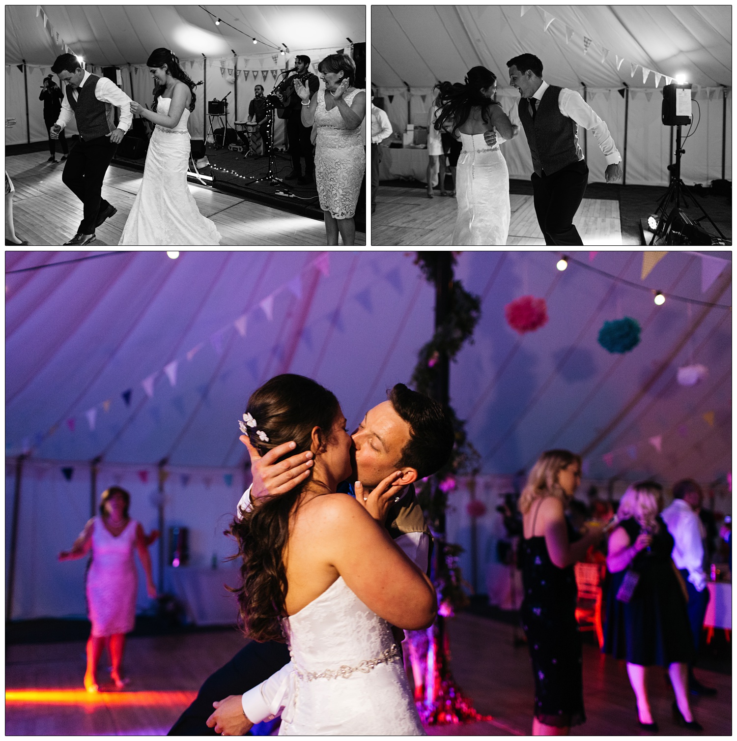 bride and groom dancing and kissing a marquee