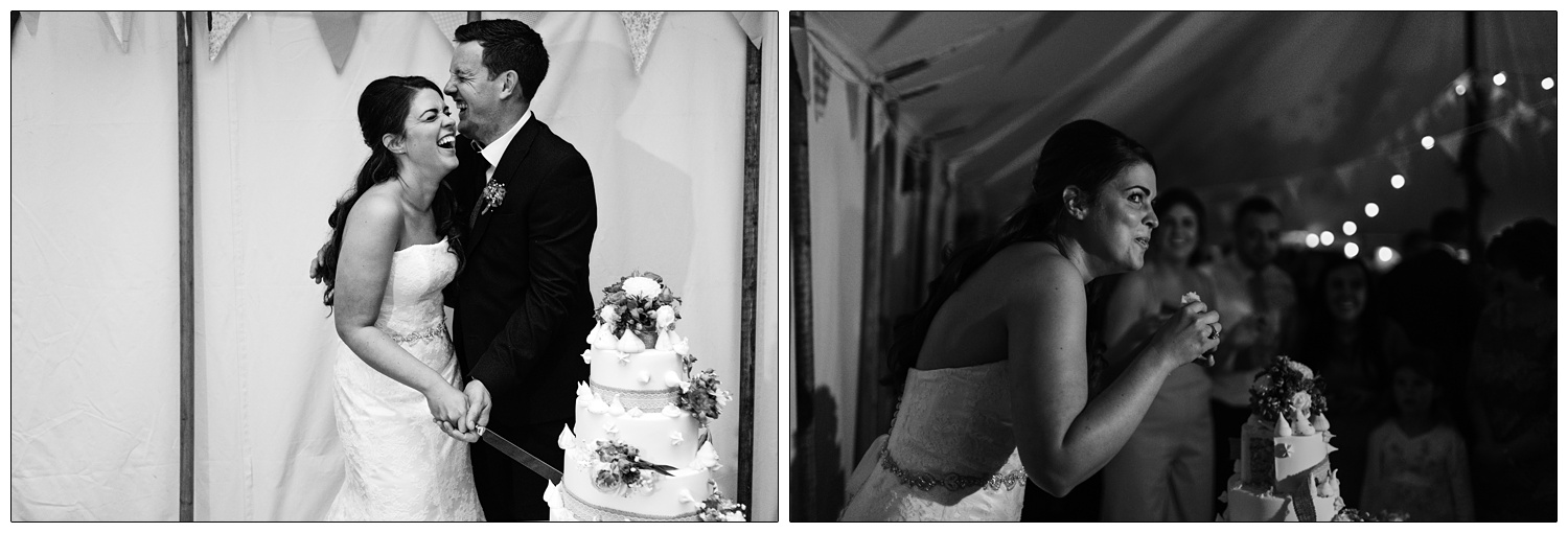 bride and groom cutting the cake and bride eating the cake in black and white photographs