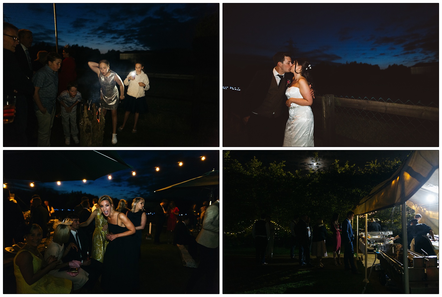 bride and groom kissing and guests having fun outside at night