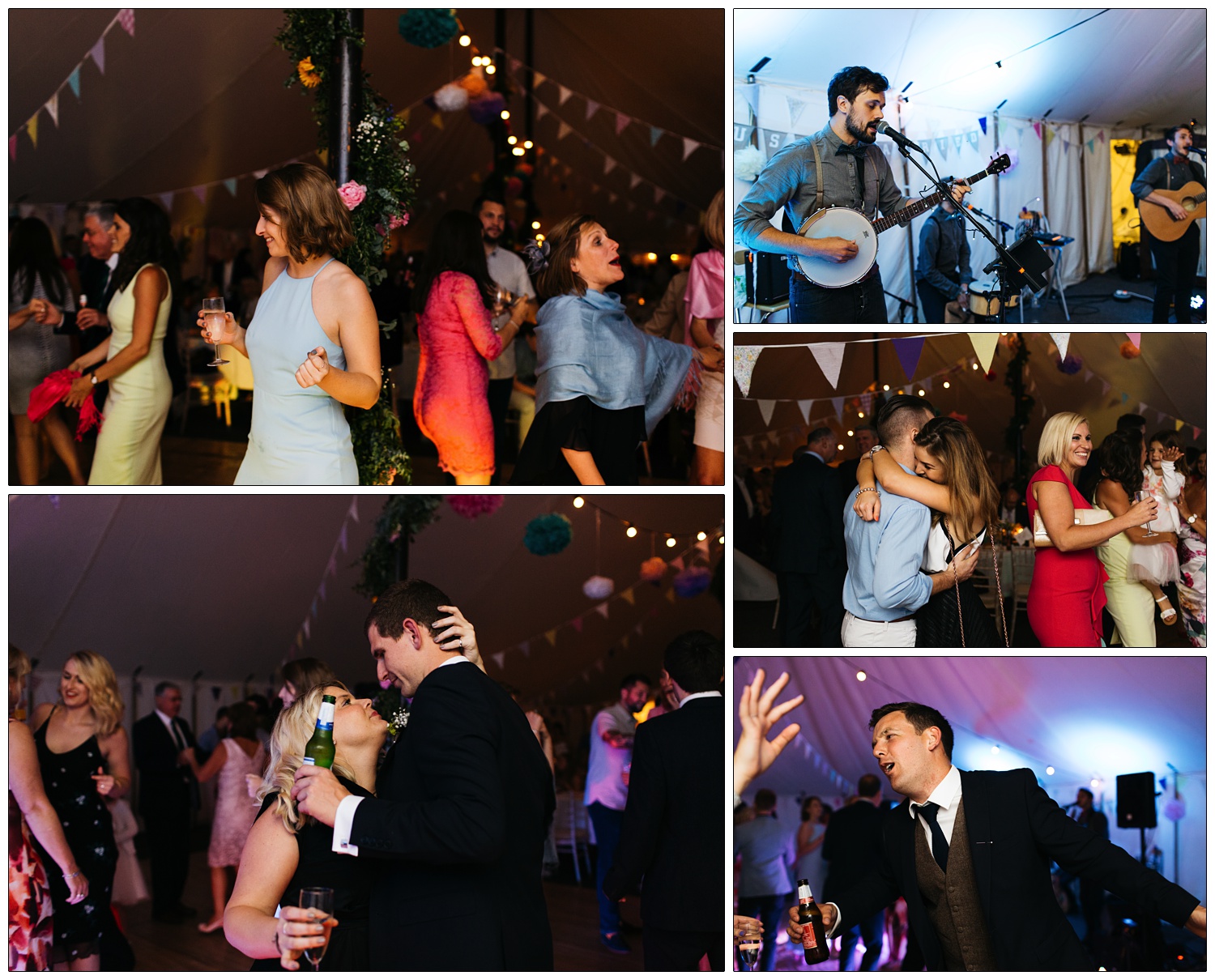 guests dancing to band at a wedding reception in a colourful lit marquee